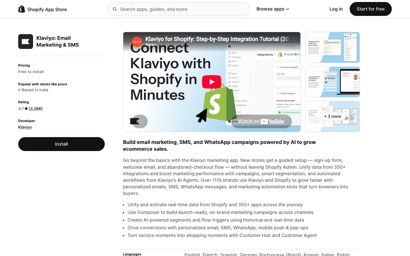The Klaviyo email marketing and SMS app listing in the Shopify App Store