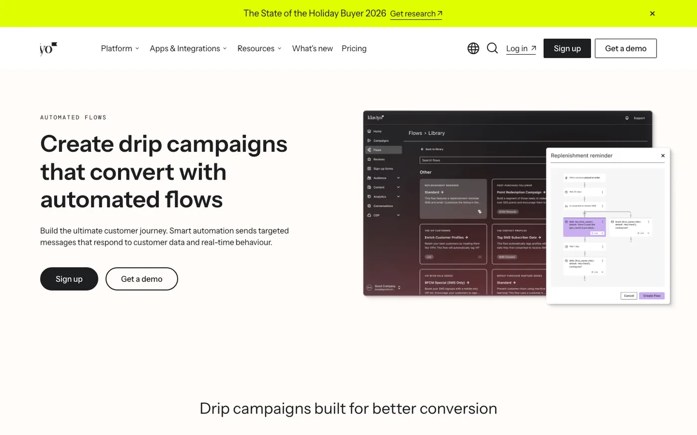 Klaviyo automated email flows used for post-purchase retention