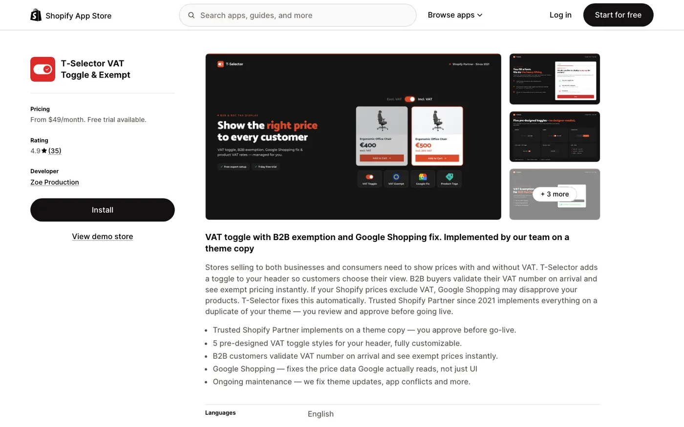 Shopify App Store listing for a tax app showing pricing, star rating, and install button