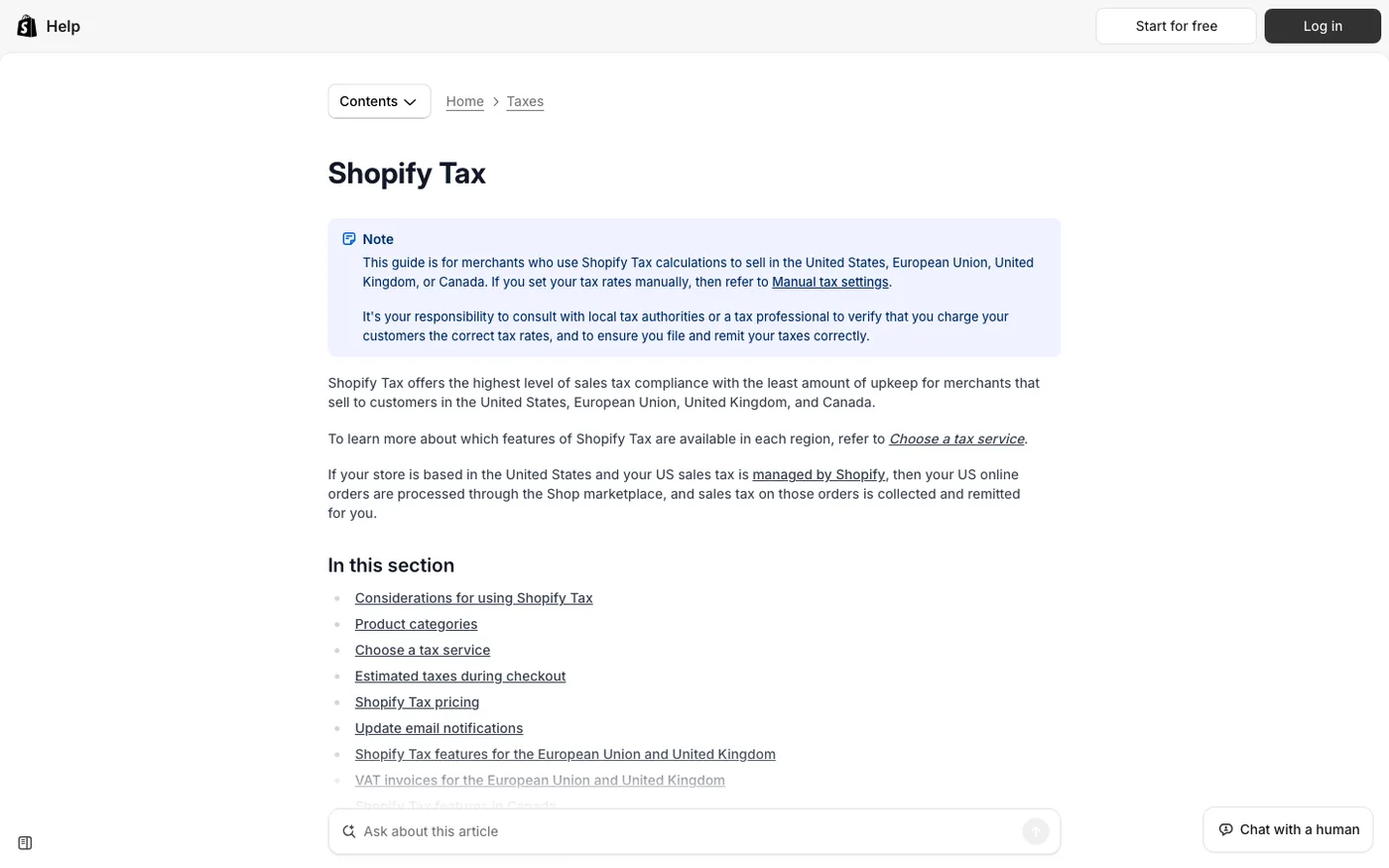 Shopify Help Center documentation page for Shopify Tax showing US tax settings guidance