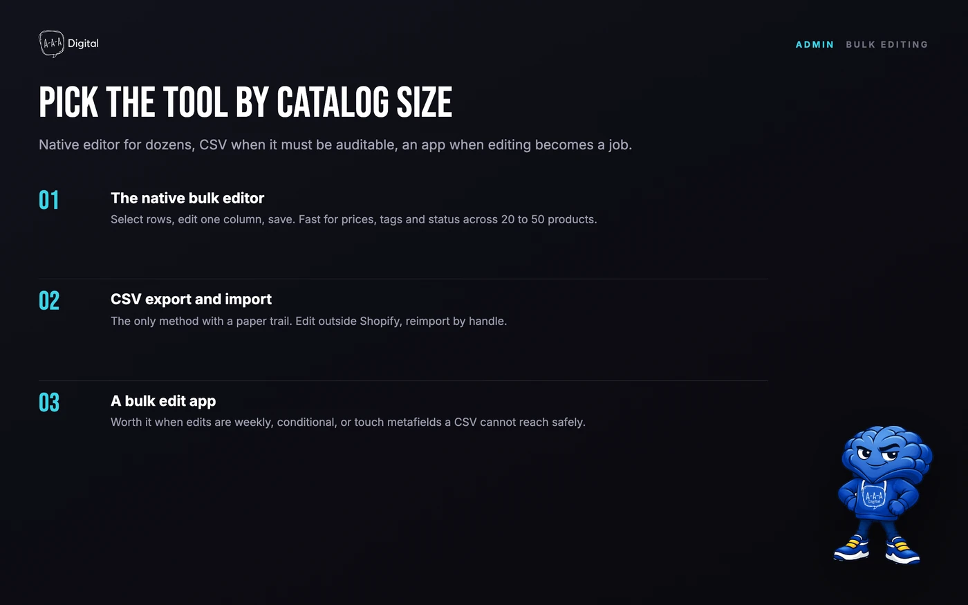 Which bulk editing tool to use on Shopify based on catalog size: native editor, CSV, or bulk edit apps