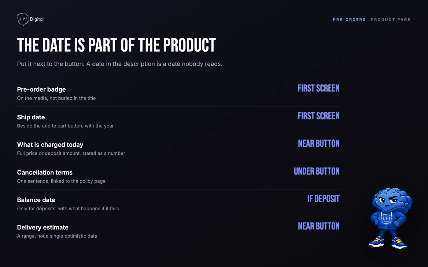 Illustrated product page with a pre-order badge, deposit price and shipping date