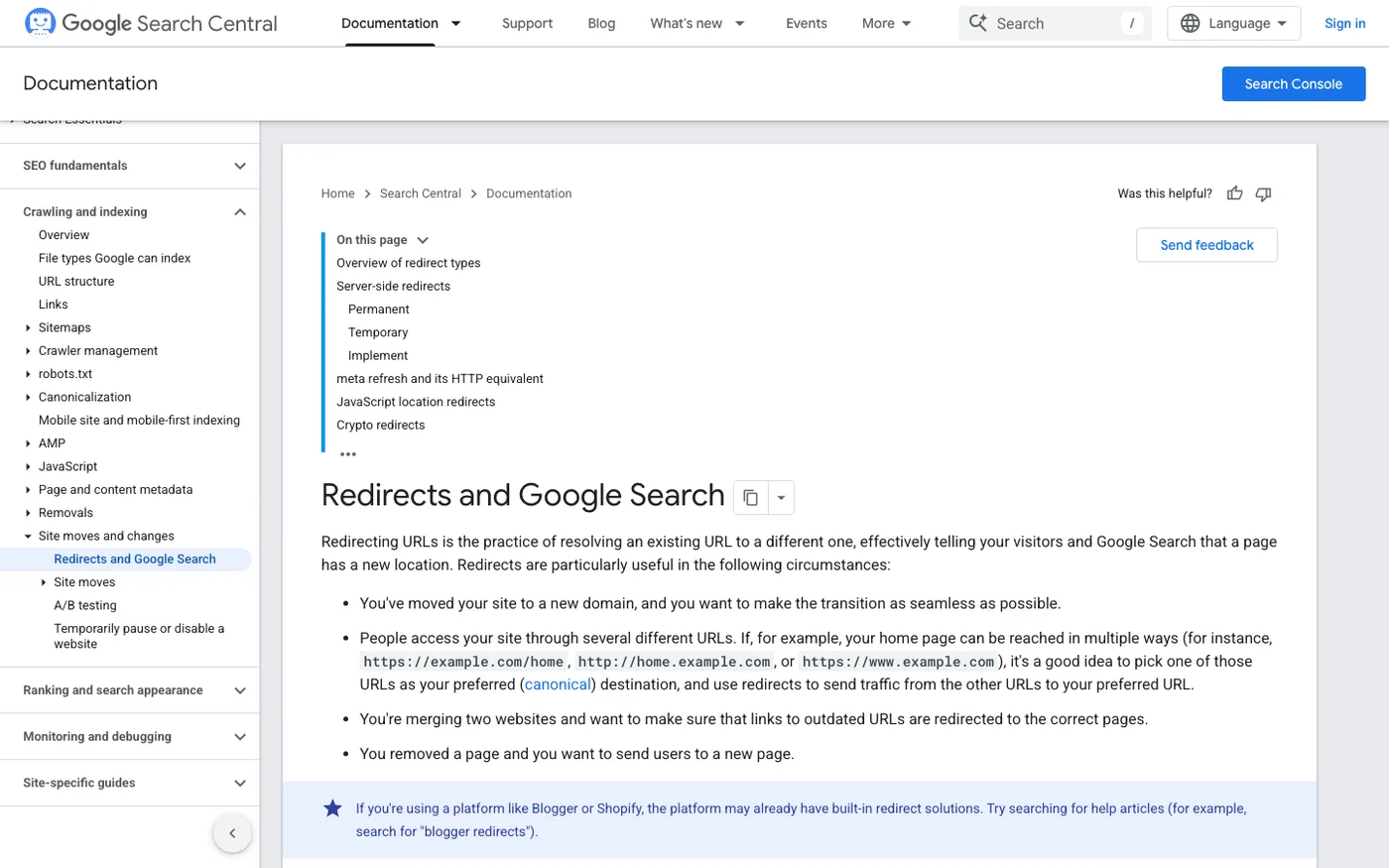 Google Search Central guide to 301 redirects