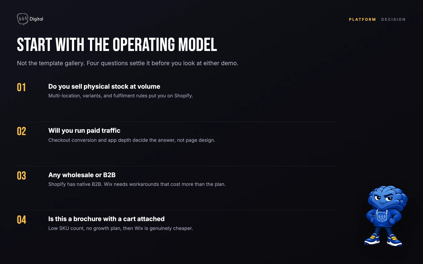 Decision tree for choosing Shopify or Wix based on business model