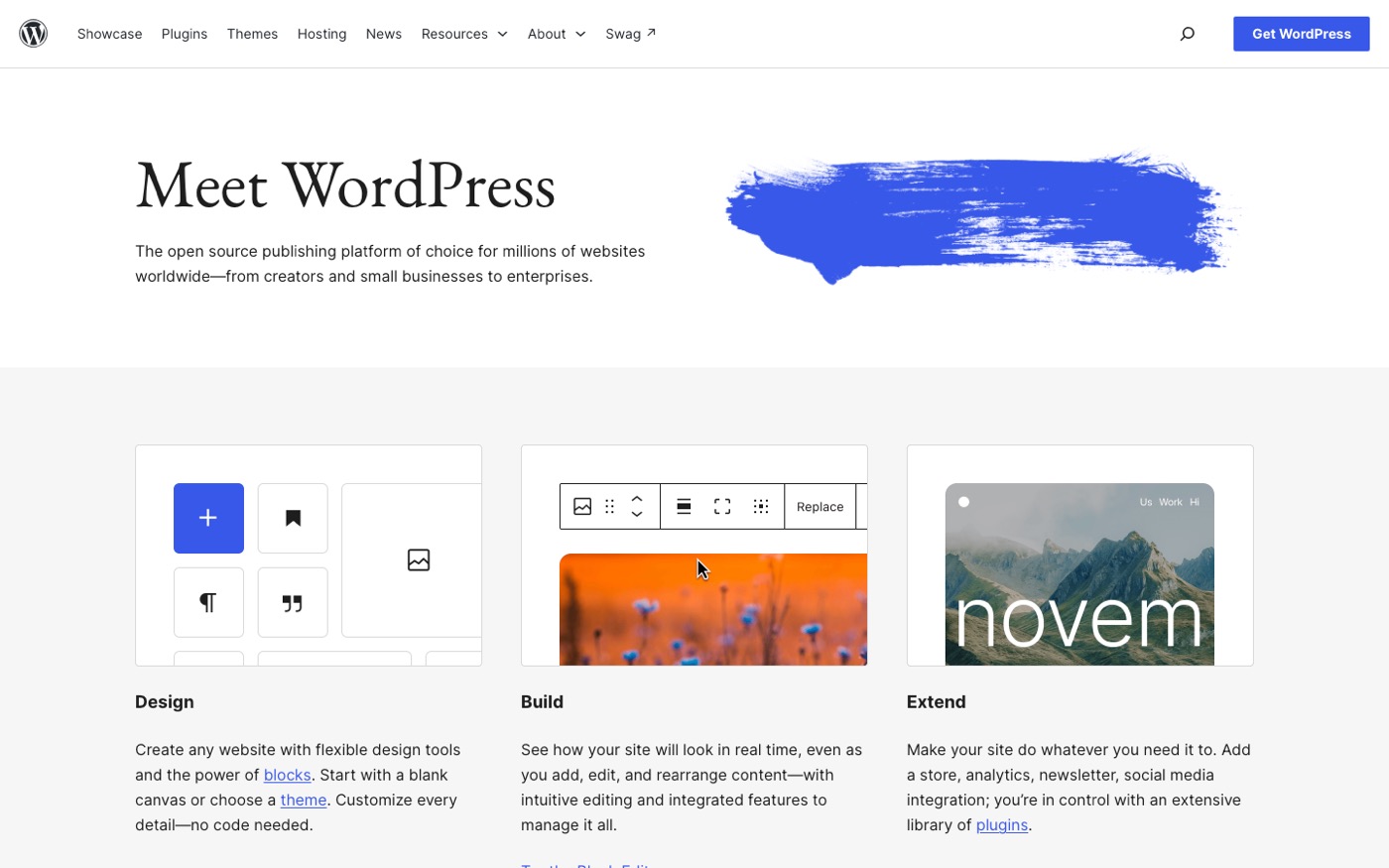 WordPress.org homepage, the WordPress platform compared with Shopify for SEO